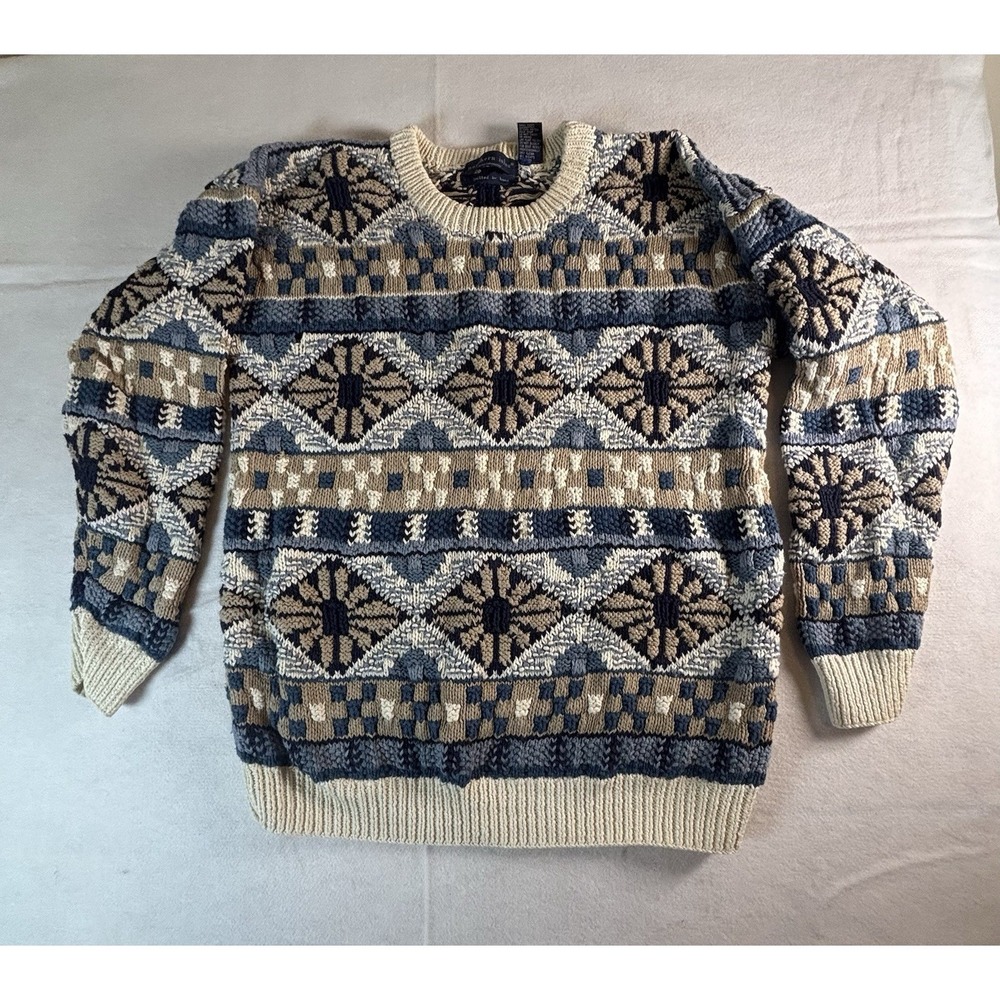 Northern Isles Knitted by Hand White Blue Ramie Cotton Tunic Sweater Size Medium